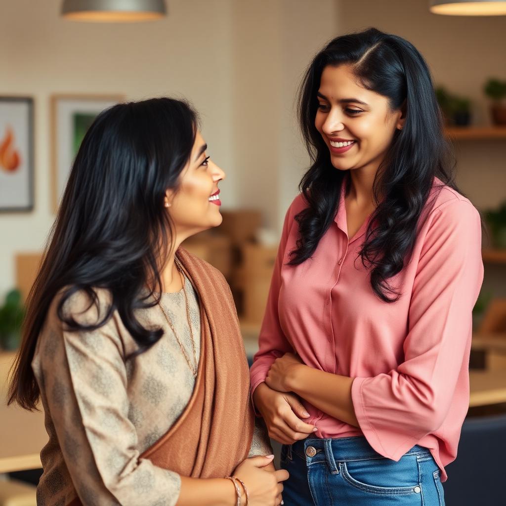 Indian woman mentor supporting a returnee colleague during reintegration